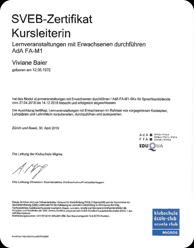 Schweizerischen Fachausweis vom SVEB1